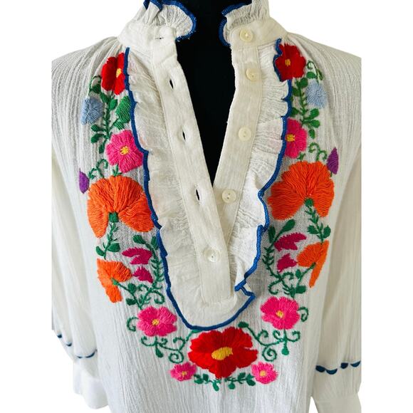 Antik Batik Clotilda Hand-Embroidered Floral Cotton Crepe Blouse White - 42 (L) - Picture 8 of 11